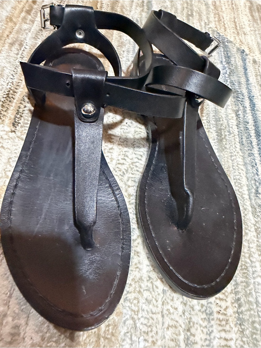 Women’s Black Leather T-Strap Sandals with Ankle Buckle